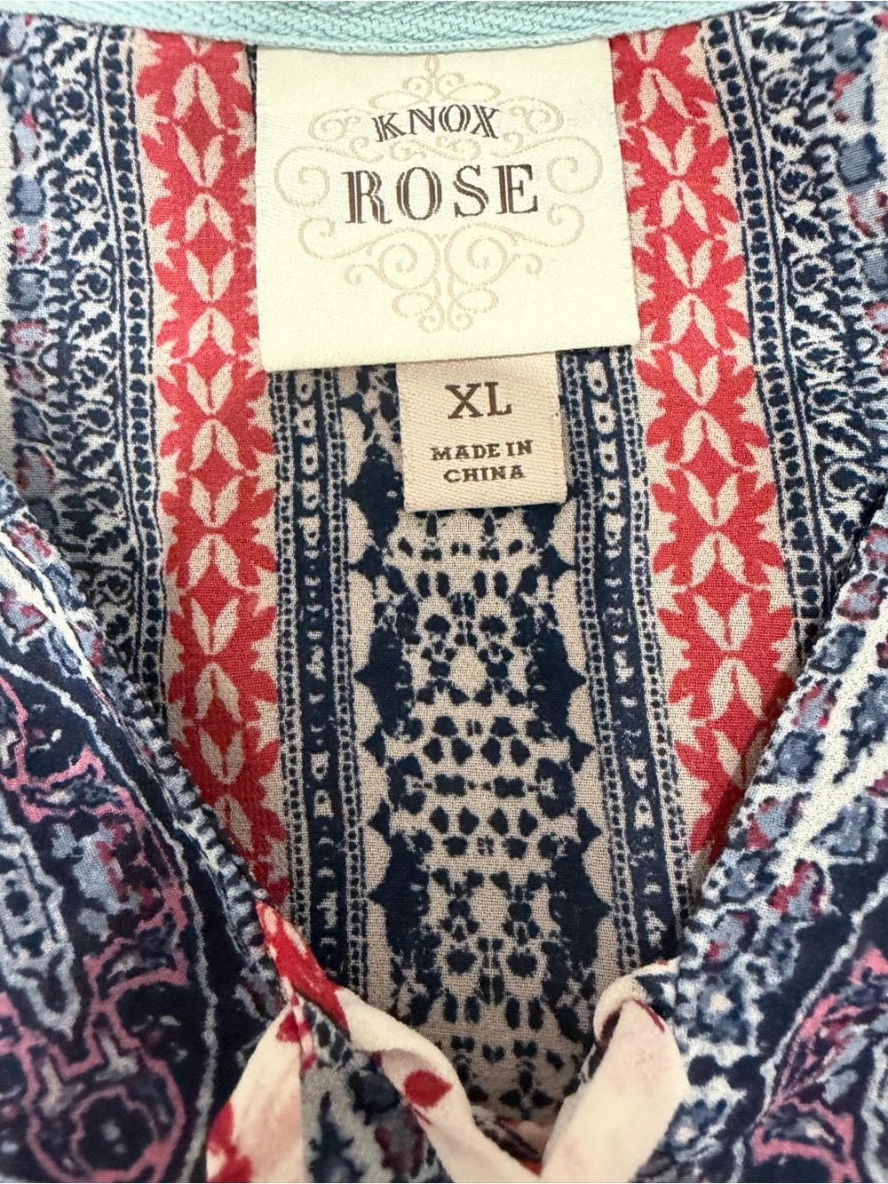 Knox Rose XL Boho Paisley Floral Tunic Blouse Red Navy Peasant Top Tassel Tie